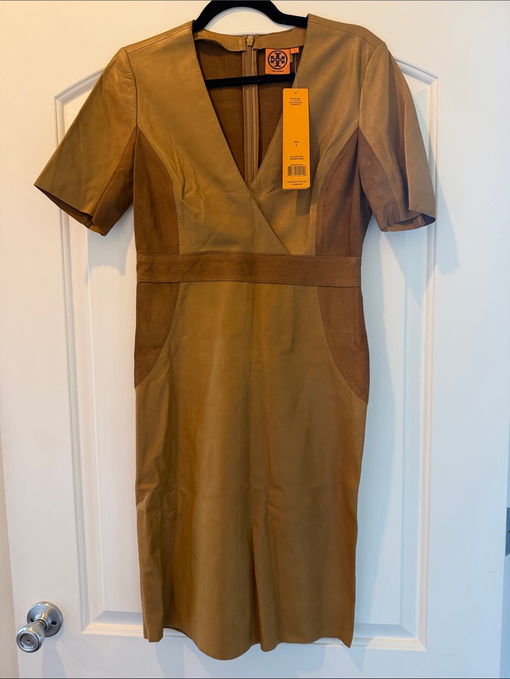 Tory Burch Camel/Tan Leather V-Neck Sheath Dress